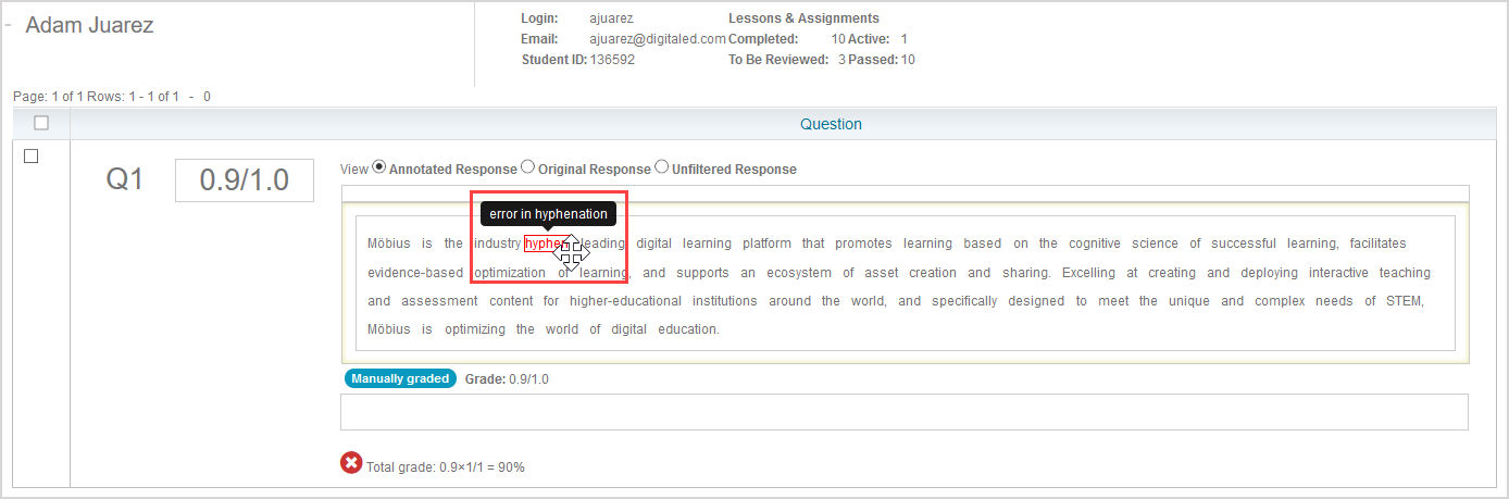 When the cursor is hovered over the annotation, the description appears above the annotation.